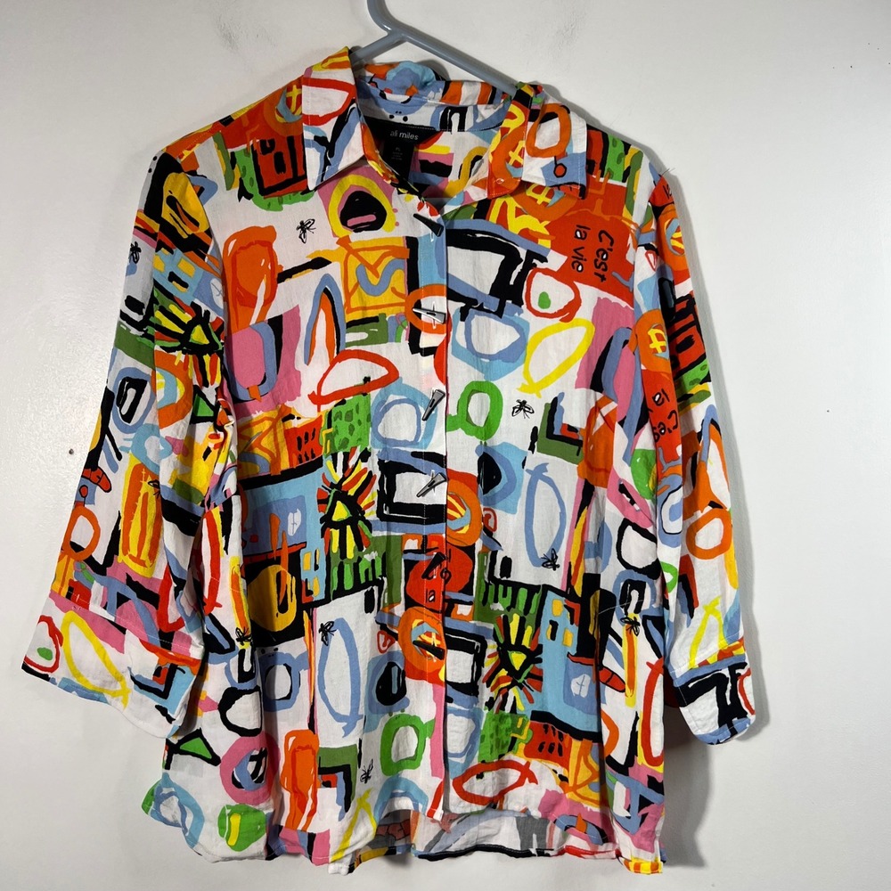 Ali Miles Art to Wear Lagenlook ButtonTunic Multicolored Geometric Butterfly PL